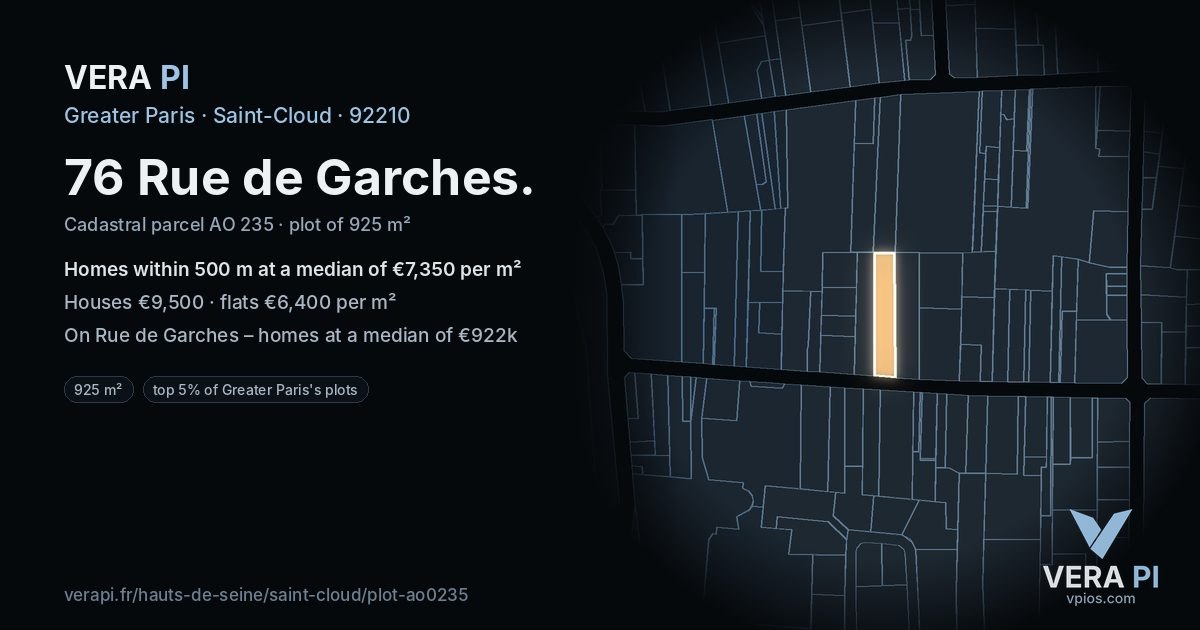 76 Rue de Garches, Saint-Cloud at night – the plot lit, the parcels around coloured by the prices near them