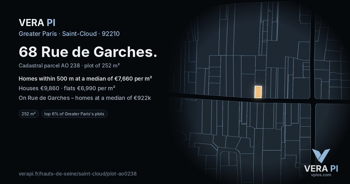 68 Rue de Garches, Saint-Cloud at night – the plot lit, the parcels around coloured by the prices near them