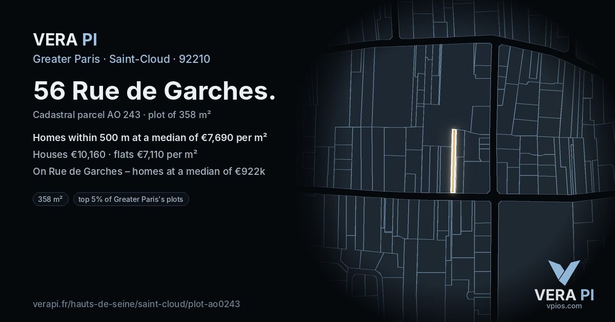 56 Rue de Garches, Saint-Cloud at night – the plot lit, the parcels around coloured by the prices near them