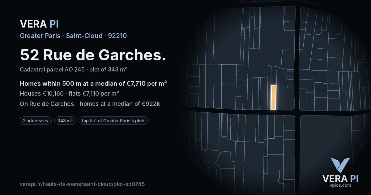 52 Rue de Garches, Saint-Cloud at night – the plot lit, the parcels around coloured by the prices near them
