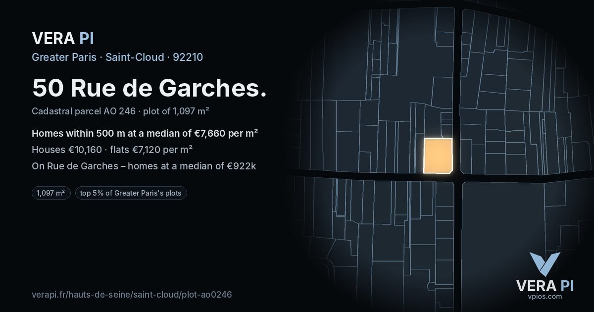 50 Rue de Garches, Saint-Cloud at night – the plot lit, the parcels around coloured by the prices near them