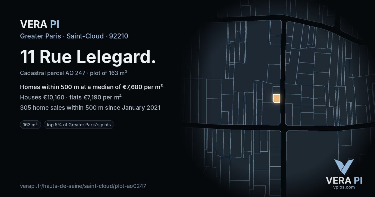 11 Rue Lelegard, Saint-Cloud at night – the plot lit, the parcels around coloured by the prices near them
