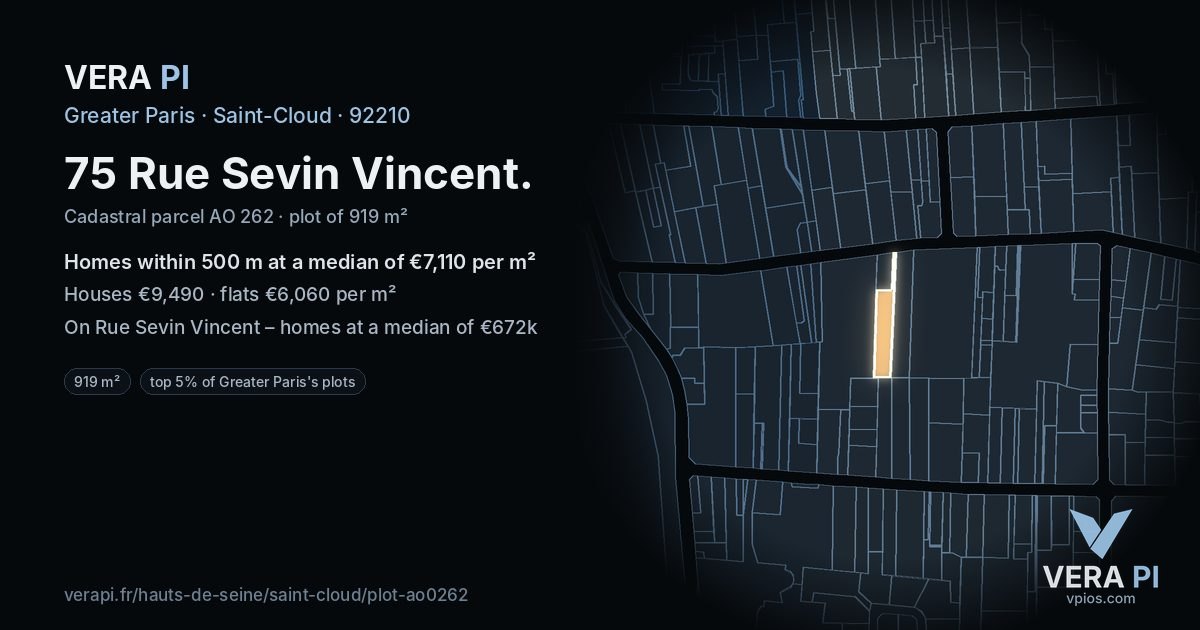 75 Rue Sevin Vincent, Saint-Cloud at night – the plot lit, the parcels around coloured by the prices near them