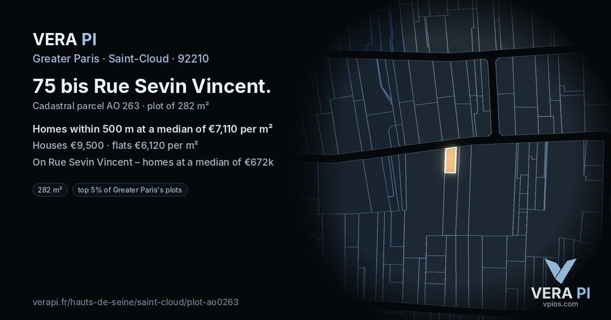 75 bis Rue Sevin Vincent, Saint-Cloud at night – the plot lit, the parcels around coloured by the prices near them