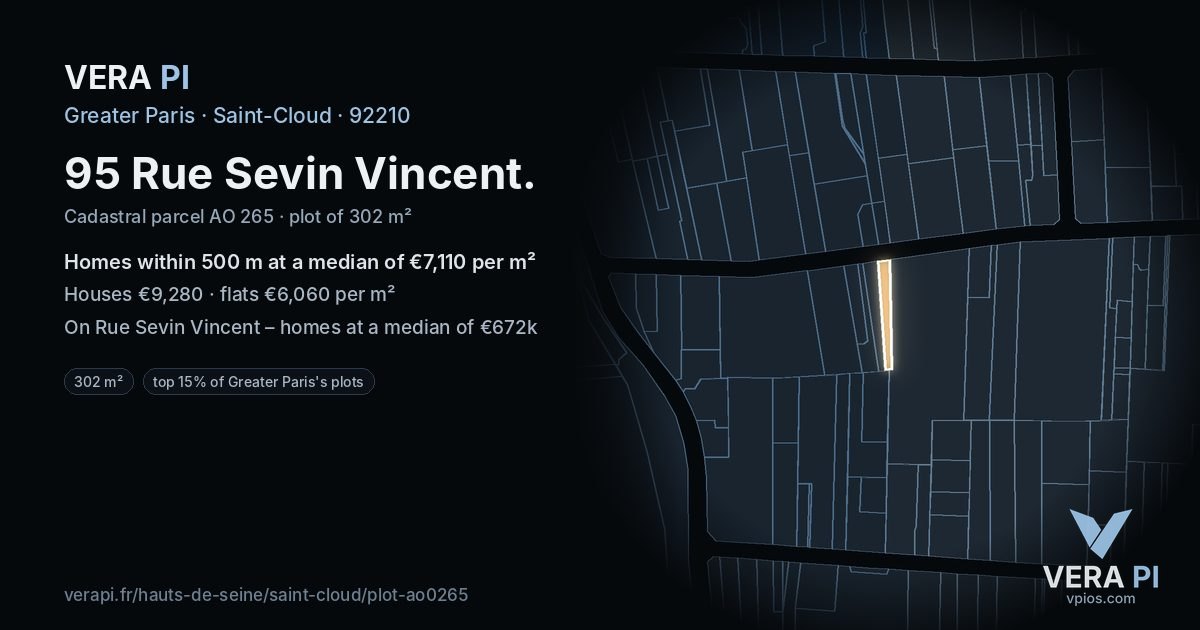 95 Rue Sevin Vincent, Saint-Cloud at night – the plot lit, the parcels around coloured by the prices near them