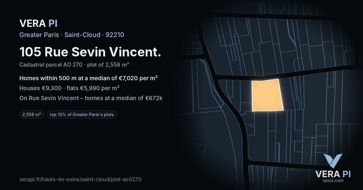 105 Rue Sevin Vincent, Saint-Cloud at night – the plot lit, the parcels around coloured by the prices near them