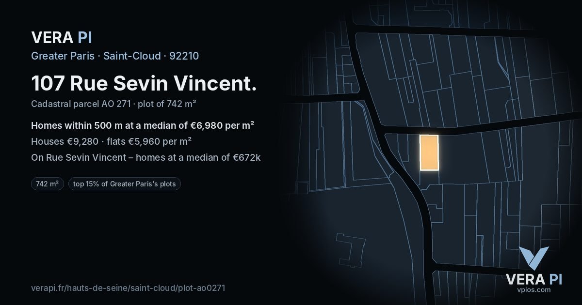 107 Rue Sevin Vincent, Saint-Cloud at night – the plot lit, the parcels around coloured by the prices near them