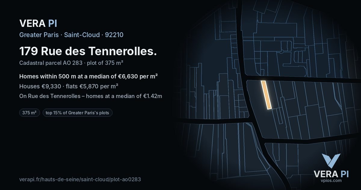 179 Rue des Tennerolles, Saint-Cloud at night – the plot lit, the parcels around coloured by the prices near them