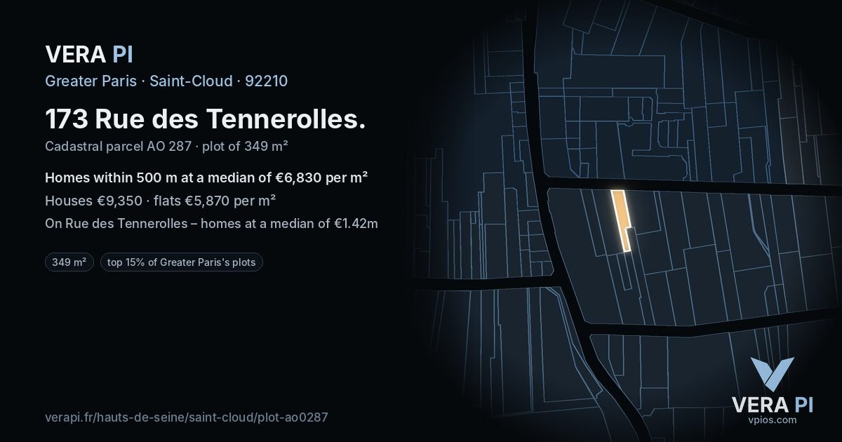 173 Rue des Tennerolles, Saint-Cloud at night – the plot lit, the parcels around coloured by the prices near them