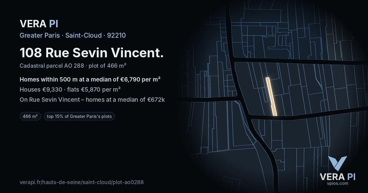 108 Rue Sevin Vincent, Saint-Cloud at night – the plot lit, the parcels around coloured by the prices near them