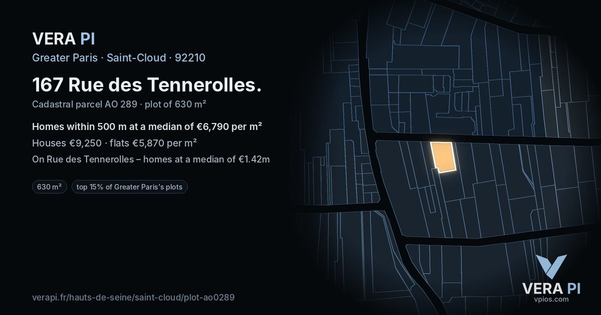 167 Rue des Tennerolles, Saint-Cloud at night – the plot lit, the parcels around coloured by the prices near them
