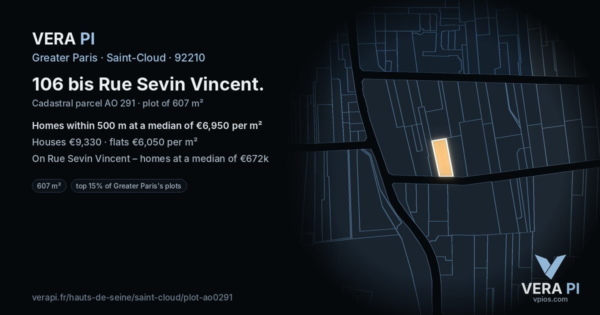 106 bis Rue Sevin Vincent, Saint-Cloud at night – the plot lit, the parcels around coloured by the prices near them