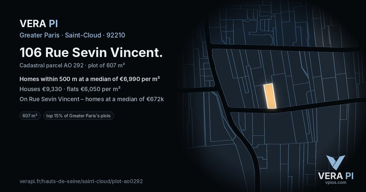 106 Rue Sevin Vincent, Saint-Cloud at night – the plot lit, the parcels around coloured by the prices near them