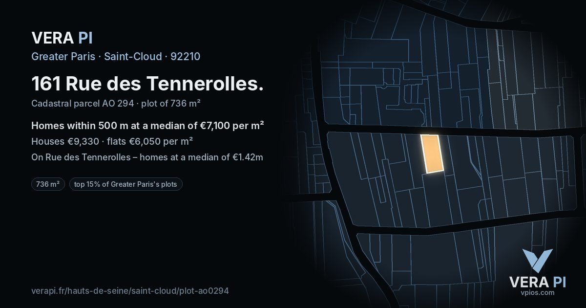 161 Rue des Tennerolles, Saint-Cloud at night – the plot lit, the parcels around coloured by the prices near them