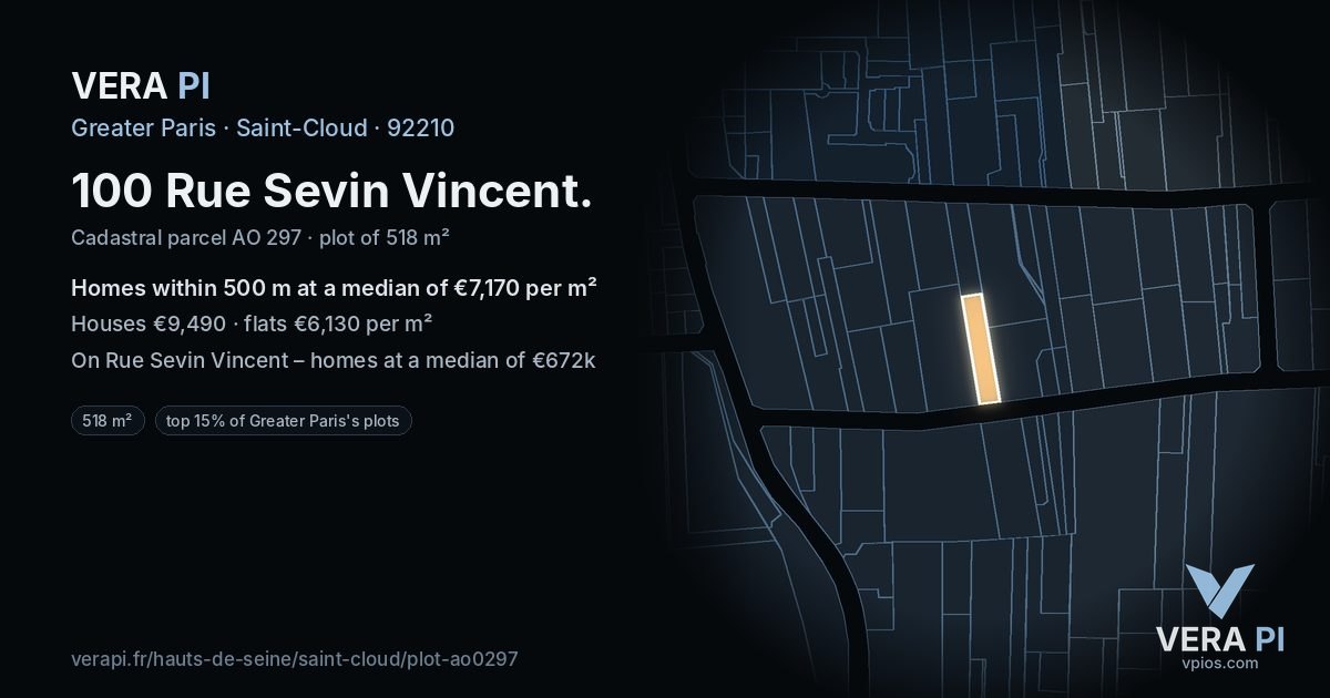 100 Rue Sevin Vincent, Saint-Cloud at night – the plot lit, the parcels around coloured by the prices near them