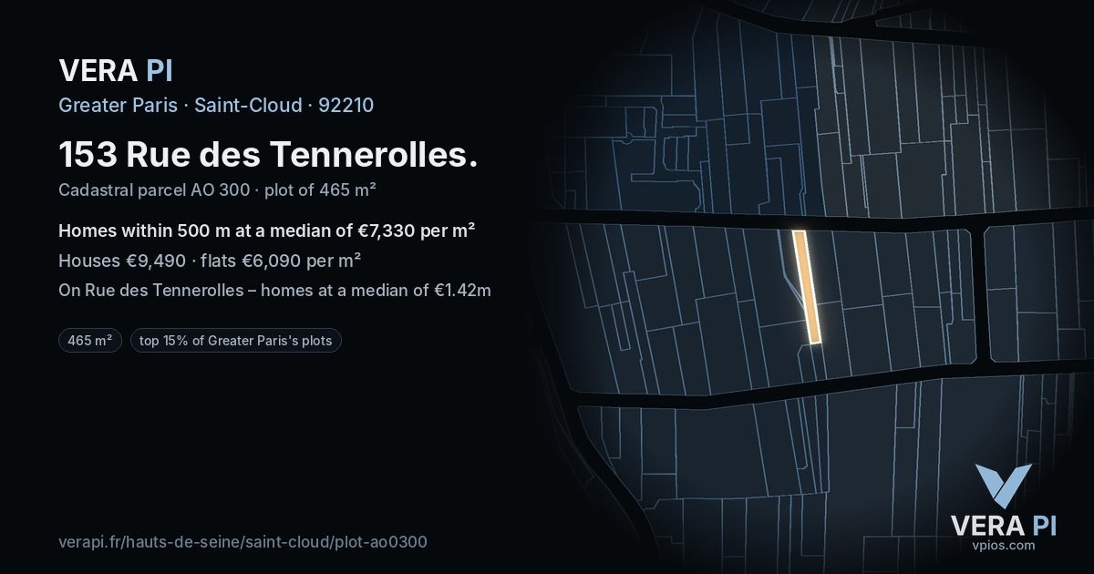 153 Rue des Tennerolles, Saint-Cloud at night – the plot lit, the parcels around coloured by the prices near them