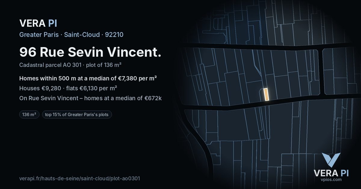96 Rue Sevin Vincent, Saint-Cloud at night – the plot lit, the parcels around coloured by the prices near them