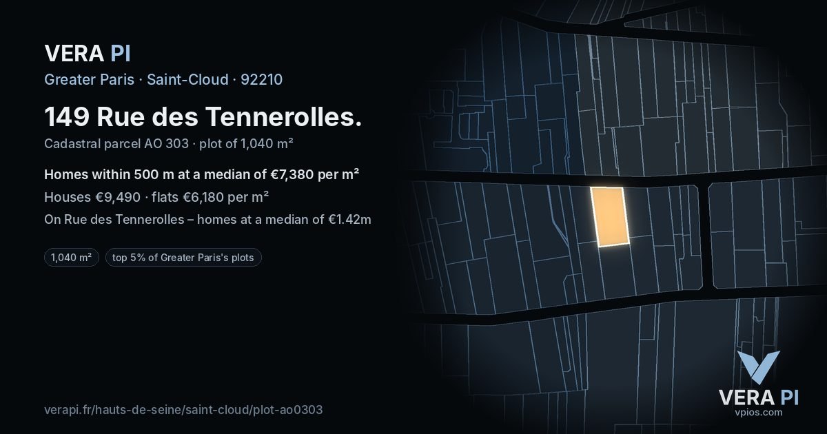 149 Rue des Tennerolles, Saint-Cloud at night – the plot lit, the parcels around coloured by the prices near them