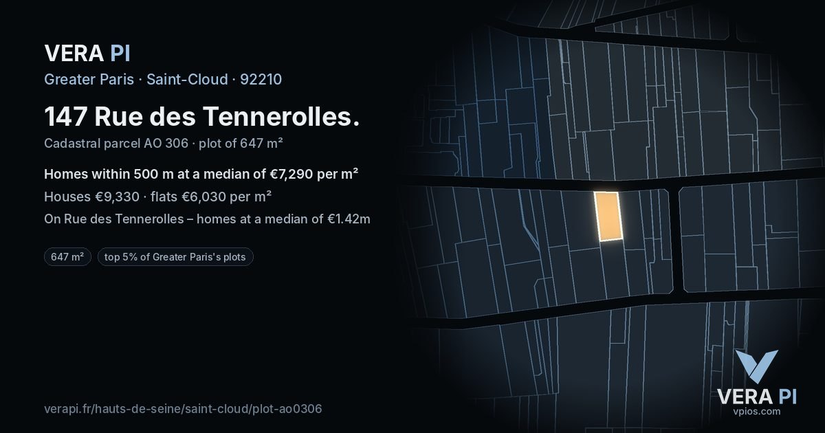 147 Rue des Tennerolles, Saint-Cloud at night – the plot lit, the parcels around coloured by the prices near them