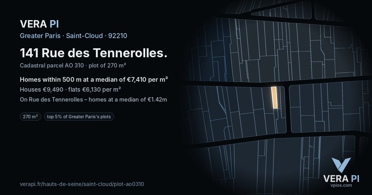 141 Rue des Tennerolles, Saint-Cloud at night – the plot lit, the parcels around coloured by the prices near them