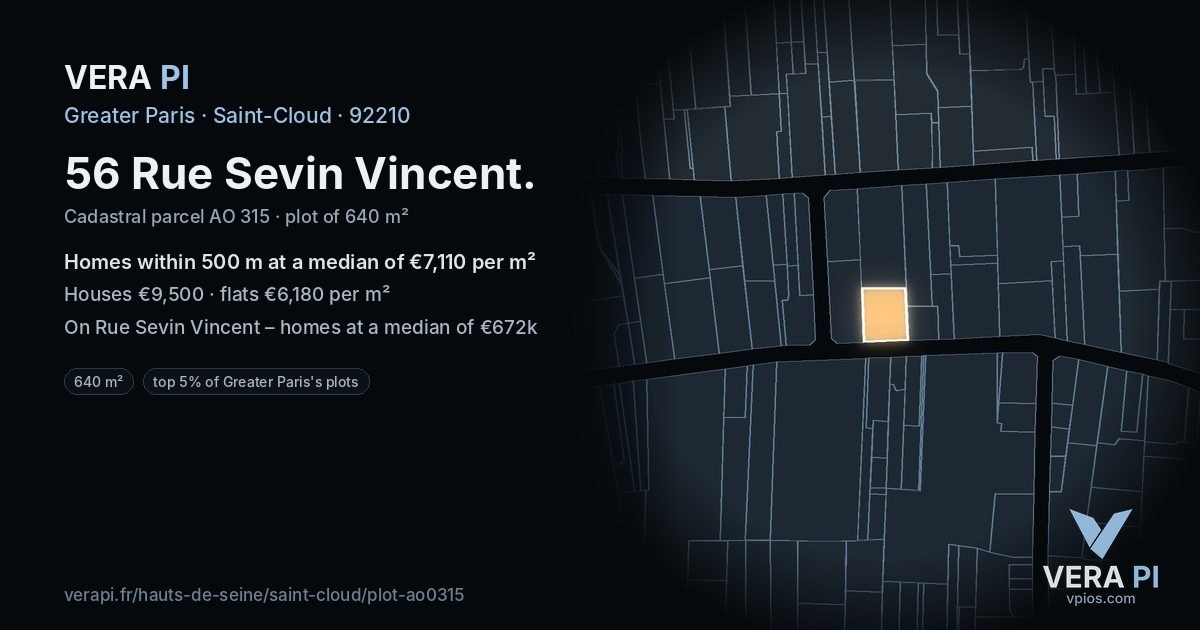 56 Rue Sevin Vincent, Saint-Cloud at night – the plot lit, the parcels around coloured by the prices near them
