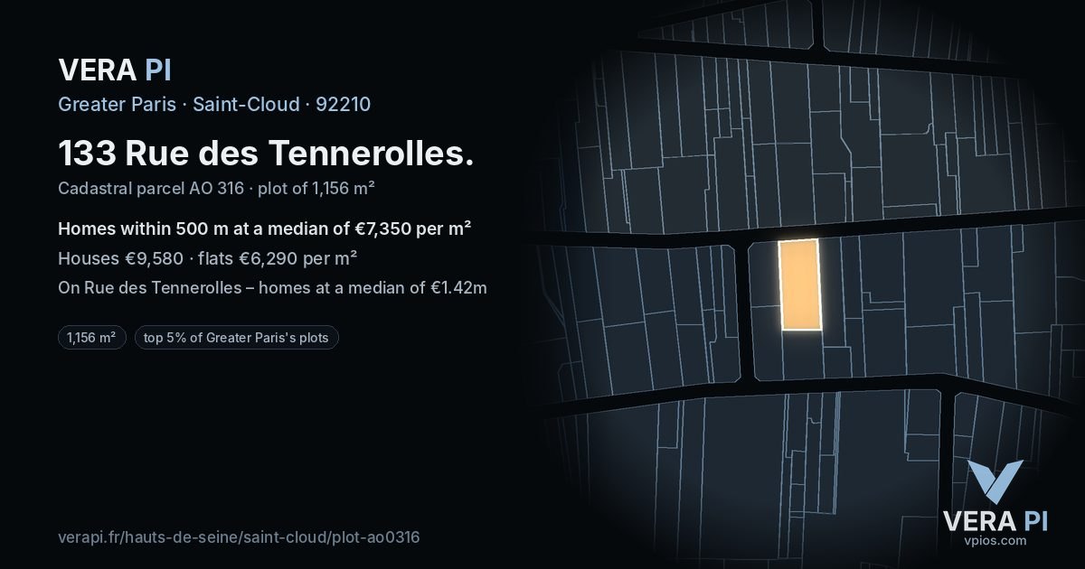 133 Rue des Tennerolles, Saint-Cloud at night – the plot lit, the parcels around coloured by the prices near them