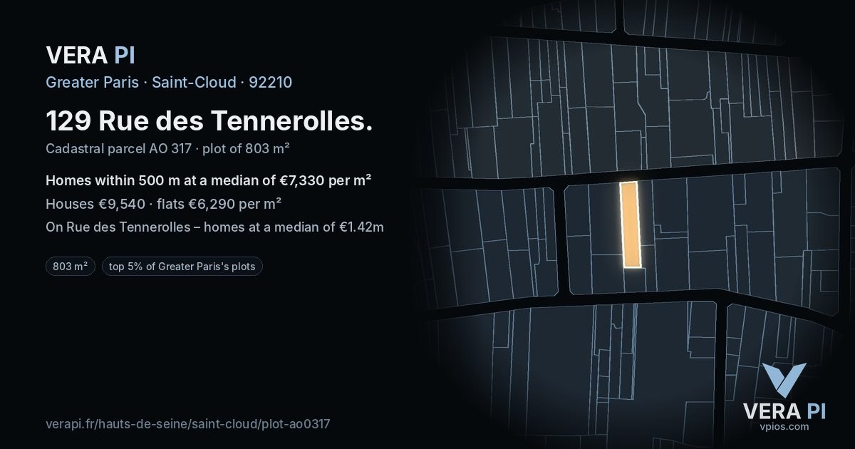 129 Rue des Tennerolles, Saint-Cloud at night – the plot lit, the parcels around coloured by the prices near them