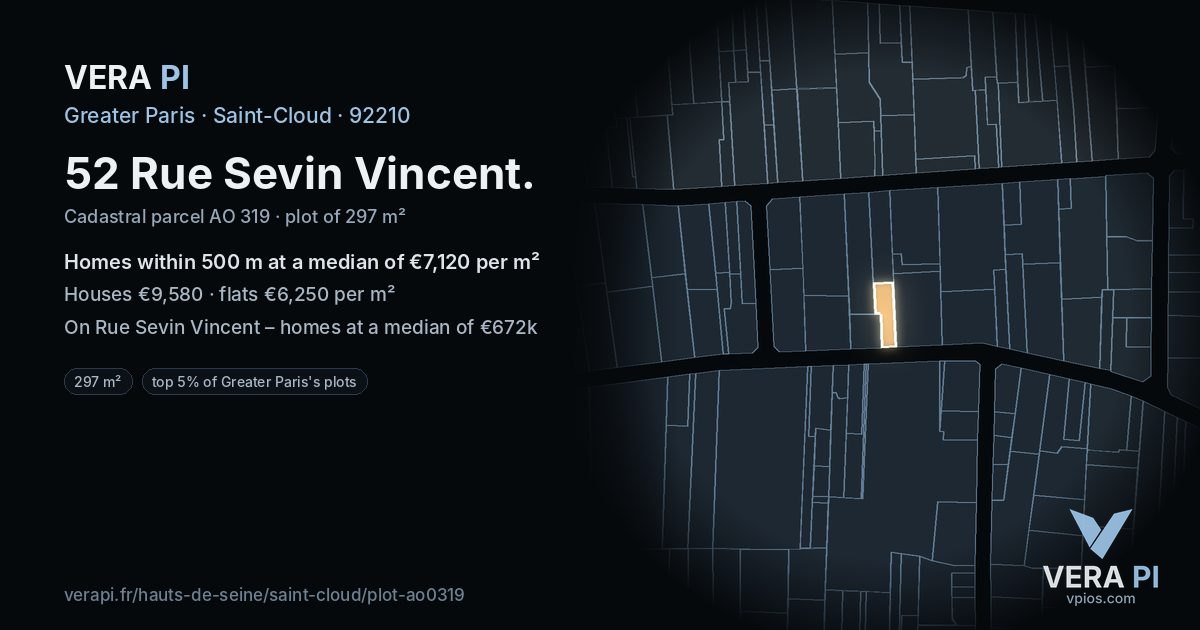 52 Rue Sevin Vincent, Saint-Cloud at night – the plot lit, the parcels around coloured by the prices near them