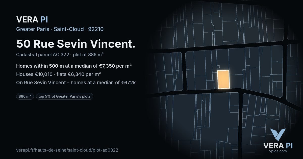 50 Rue Sevin Vincent, Saint-Cloud at night – the plot lit, the parcels around coloured by the prices near them