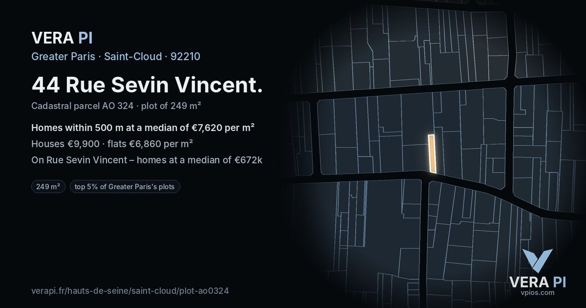 44 Rue Sevin Vincent, Saint-Cloud at night – the plot lit, the parcels around coloured by the prices near them