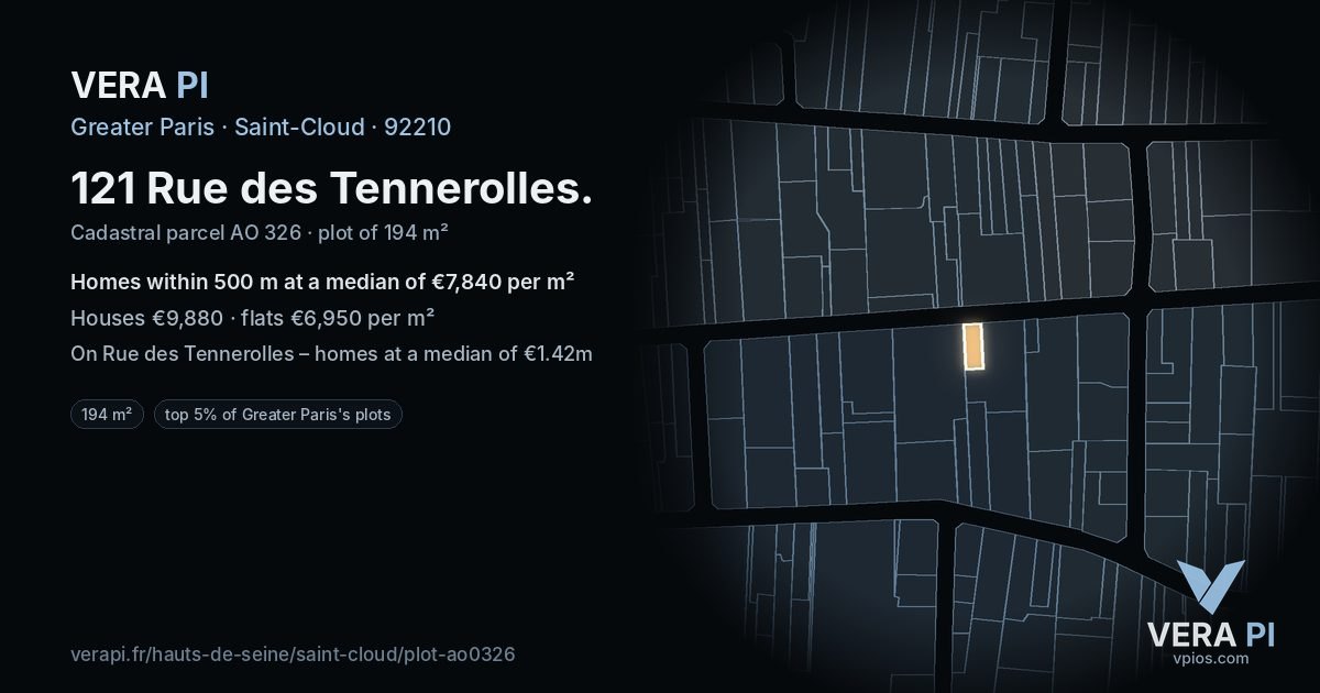 121 Rue des Tennerolles, Saint-Cloud at night – the plot lit, the parcels around coloured by the prices near them