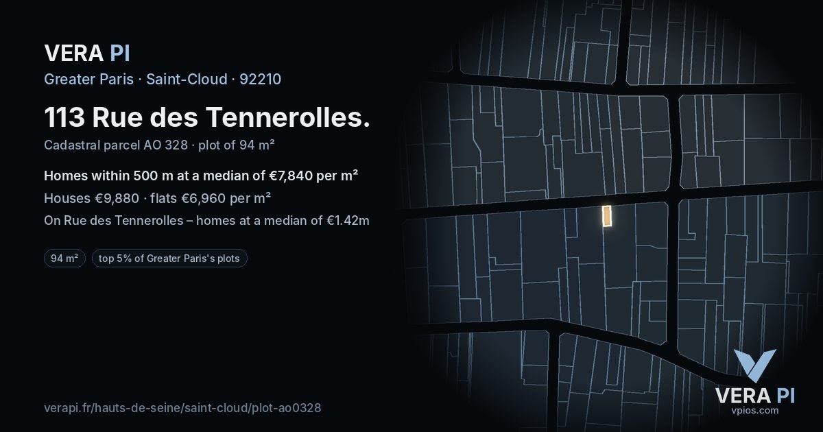 113 Rue des Tennerolles, Saint-Cloud at night – the plot lit, the parcels around coloured by the prices near them