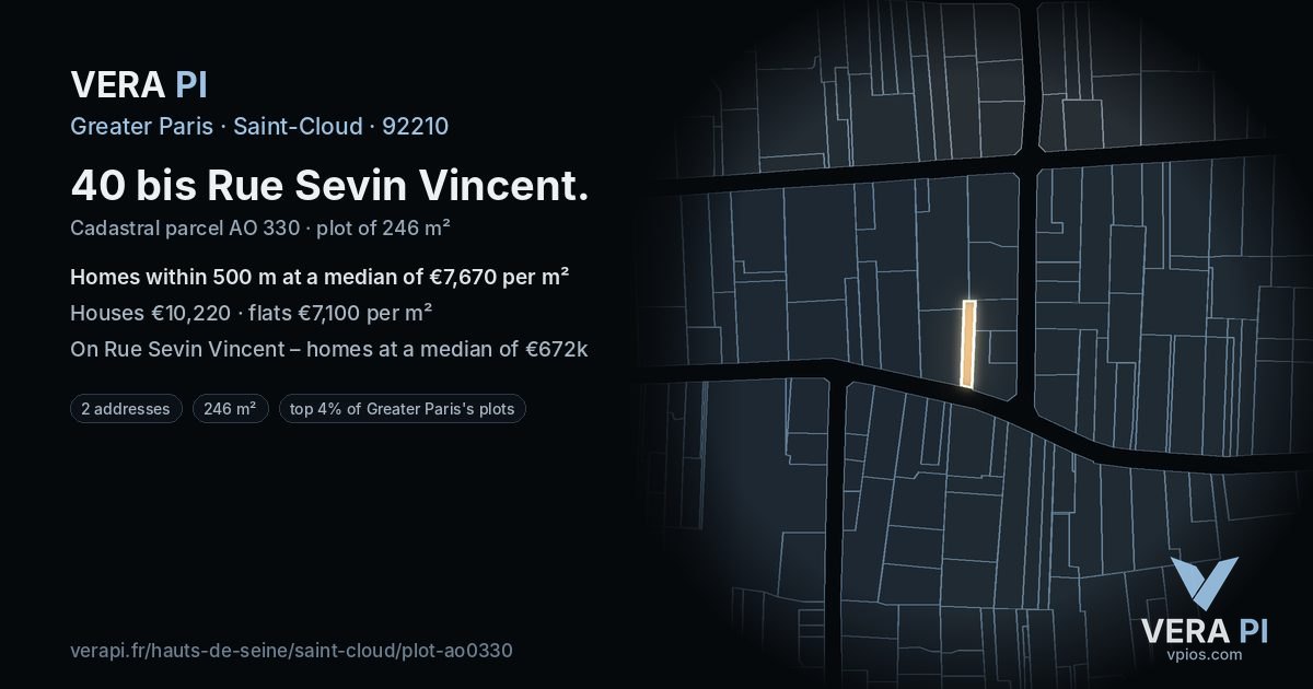 40 bis Rue Sevin Vincent, Saint-Cloud at night – the plot lit, the parcels around coloured by the prices near them
