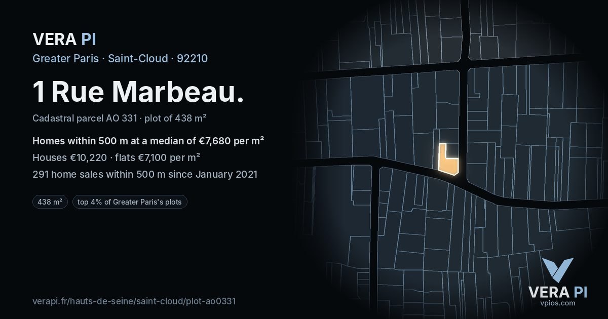 1 Rue Marbeau, Saint-Cloud at night – the plot lit, the parcels around coloured by the prices near them