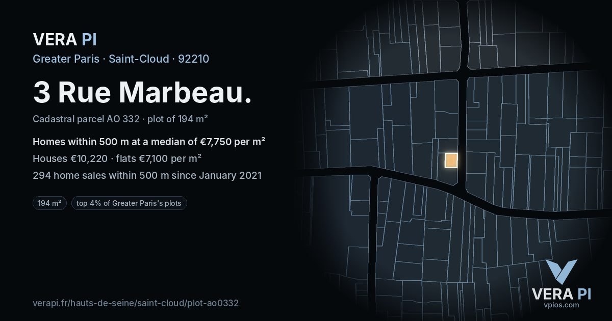 3 Rue Marbeau, Saint-Cloud at night – the plot lit, the parcels around coloured by the prices near them