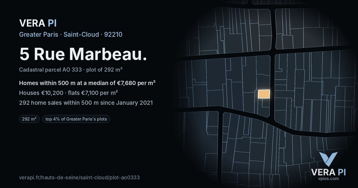 5 Rue Marbeau, Saint-Cloud at night – the plot lit, the parcels around coloured by the prices near them