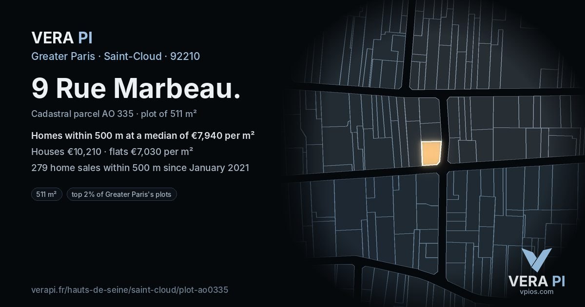 9 Rue Marbeau, Saint-Cloud at night – the plot lit, the parcels around coloured by the prices near them