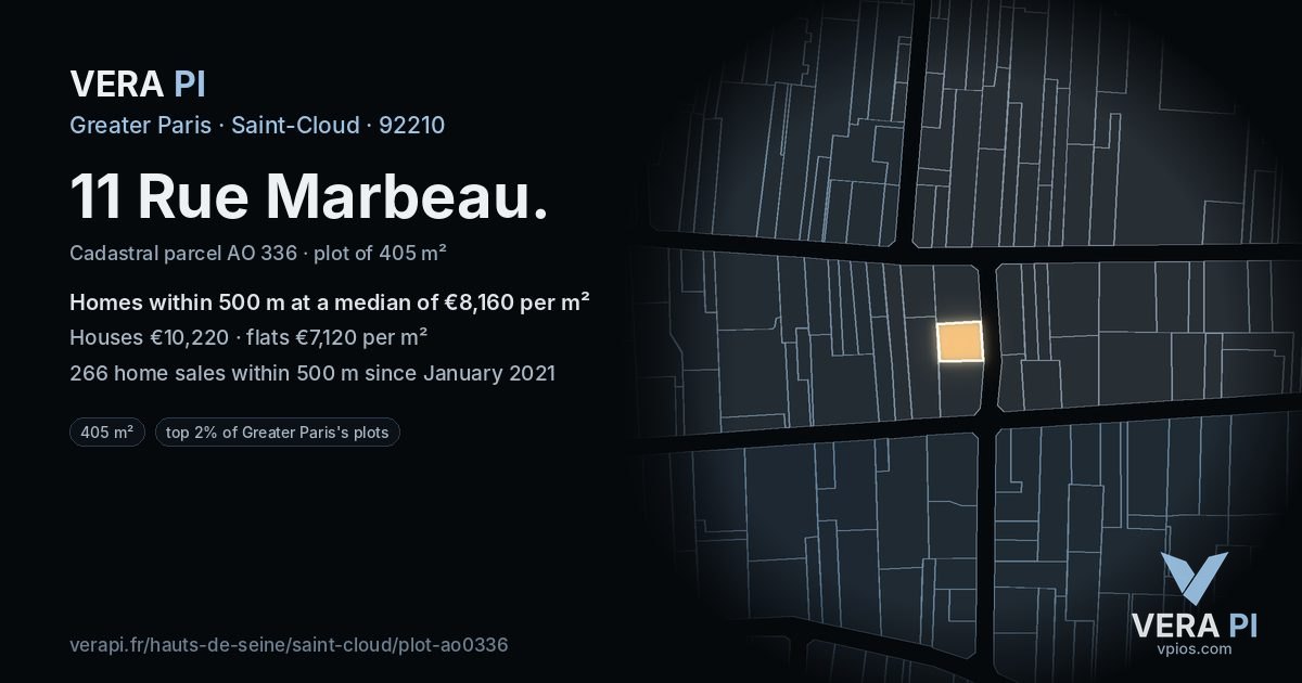 11 Rue Marbeau, Saint-Cloud at night – the plot lit, the parcels around coloured by the prices near them