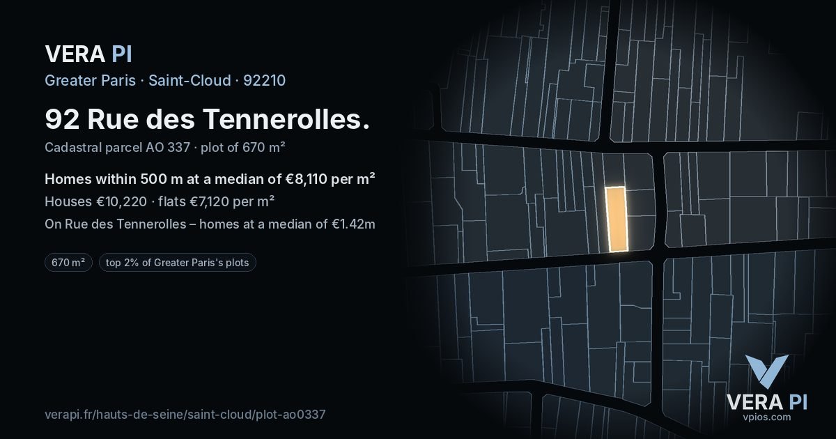 92 Rue des Tennerolles, Saint-Cloud at night – the plot lit, the parcels around coloured by the prices near them