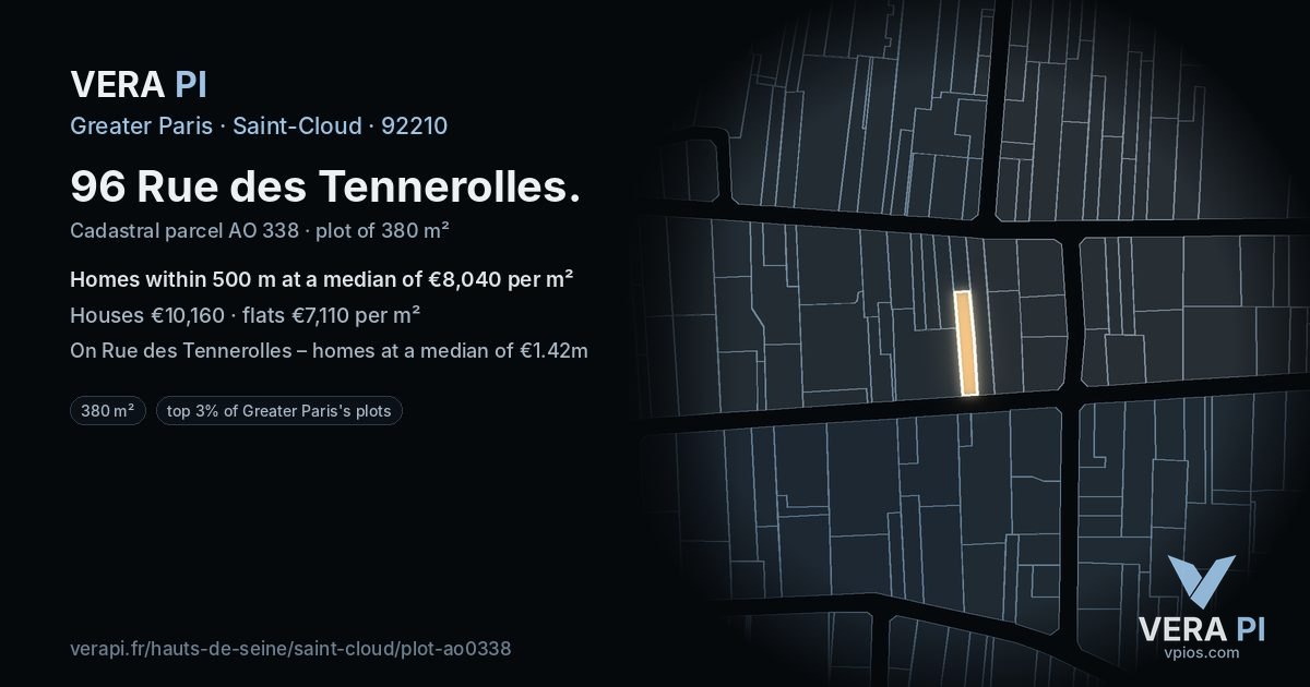 96 Rue des Tennerolles, Saint-Cloud at night – the plot lit, the parcels around coloured by the prices near them
