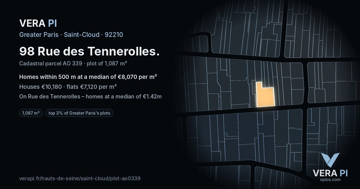 98 Rue des Tennerolles, Saint-Cloud at night – the plot lit, the parcels around coloured by the prices near them
