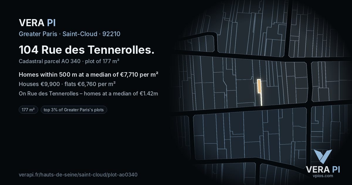 104 Rue des Tennerolles, Saint-Cloud at night – the plot lit, the parcels around coloured by the prices near them