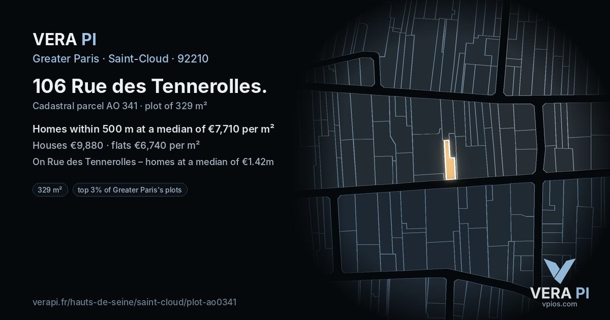106 Rue des Tennerolles, Saint-Cloud at night – the plot lit, the parcels around coloured by the prices near them
