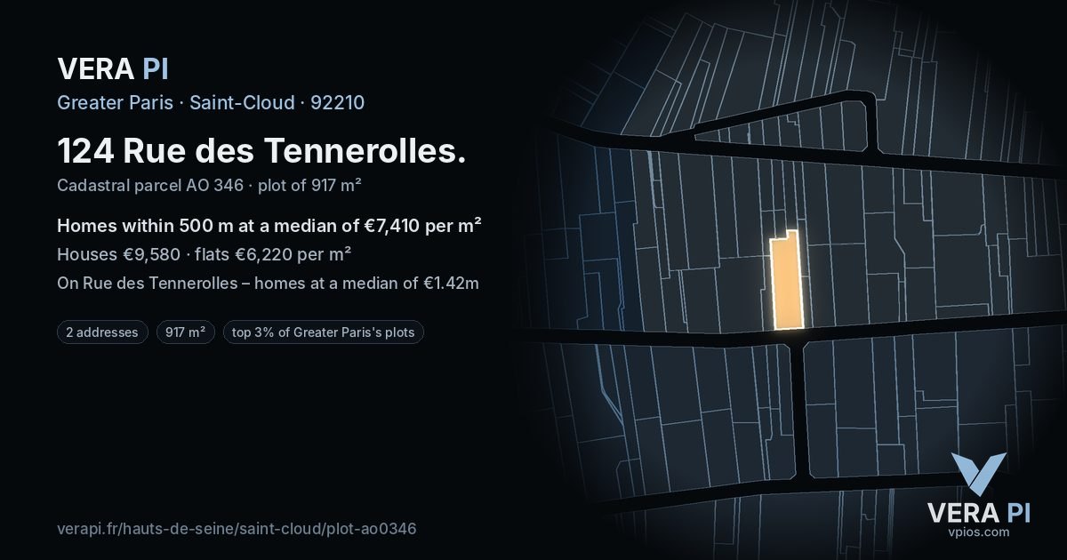 124 Rue des Tennerolles, Saint-Cloud at night – the plot lit, the parcels around coloured by the prices near them