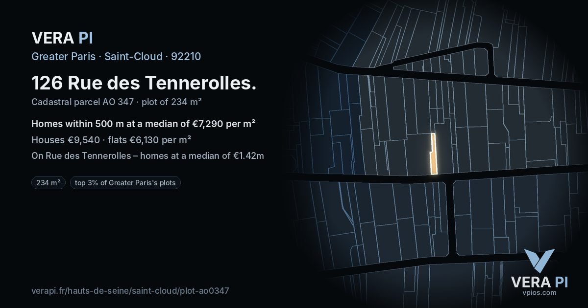 126 Rue des Tennerolles, Saint-Cloud at night – the plot lit, the parcels around coloured by the prices near them