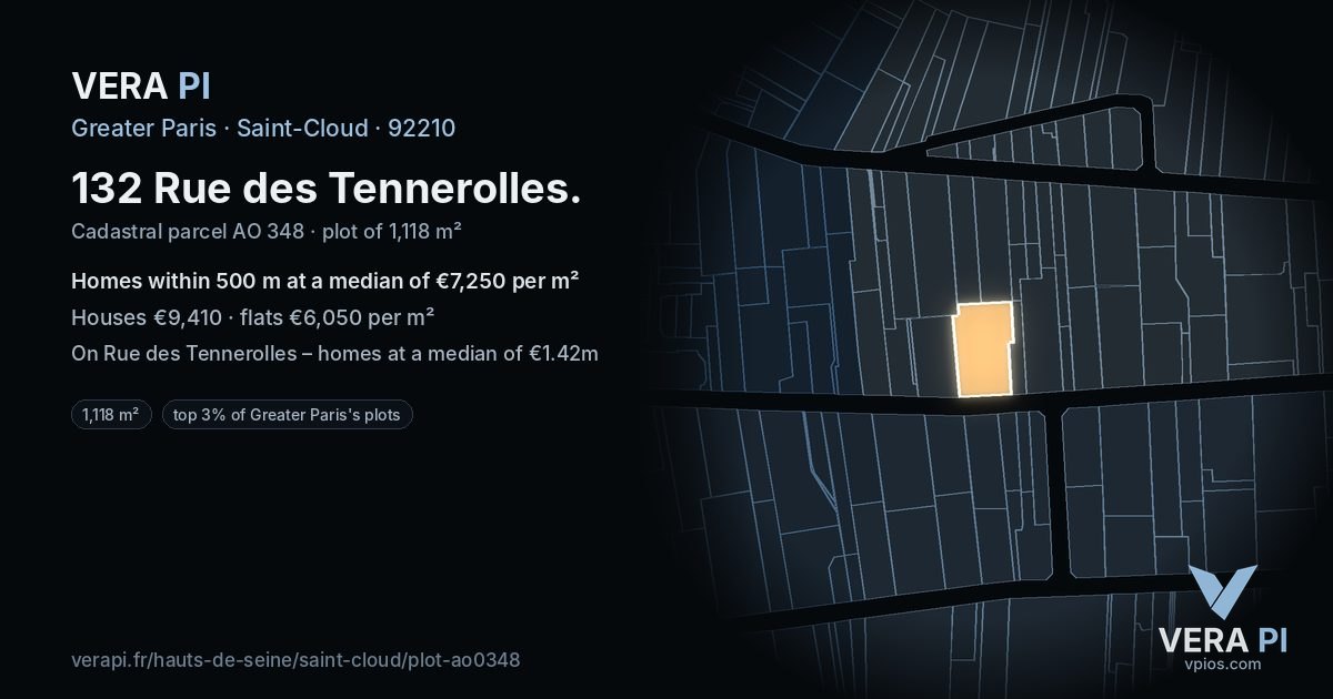 132 Rue des Tennerolles, Saint-Cloud at night – the plot lit, the parcels around coloured by the prices near them