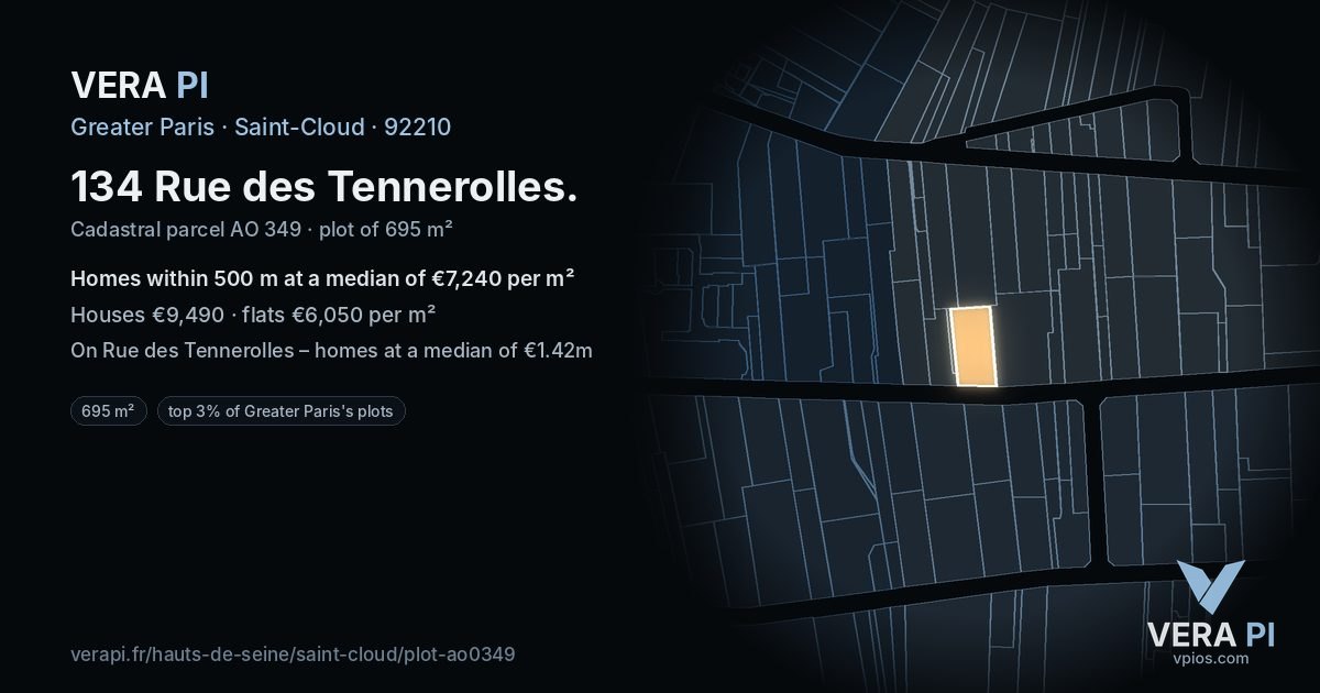 134 Rue des Tennerolles, Saint-Cloud at night – the plot lit, the parcels around coloured by the prices near them