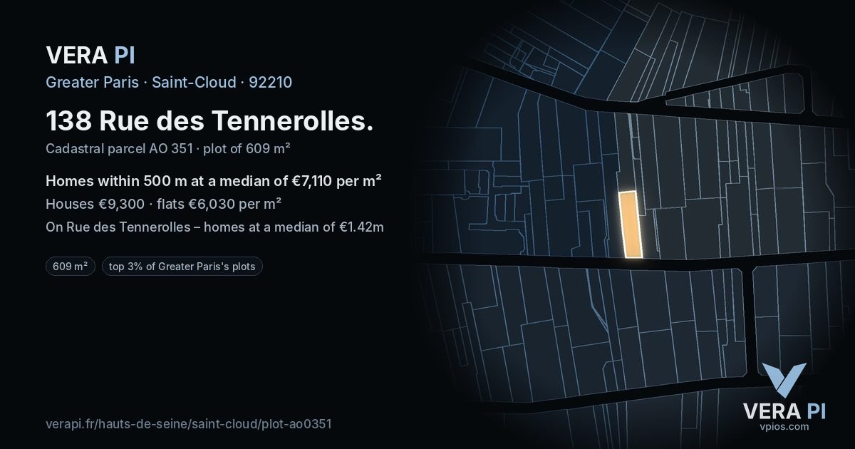138 Rue des Tennerolles, Saint-Cloud at night – the plot lit, the parcels around coloured by the prices near them