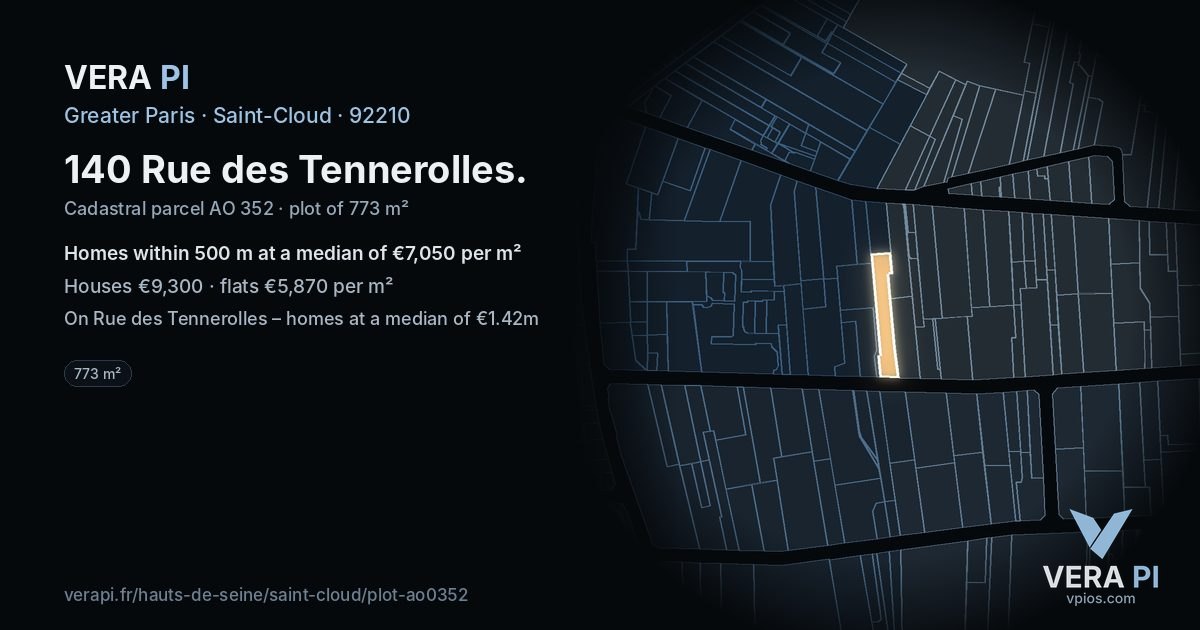 140 Rue des Tennerolles, Saint-Cloud at night – the plot lit, the parcels around coloured by the prices near them