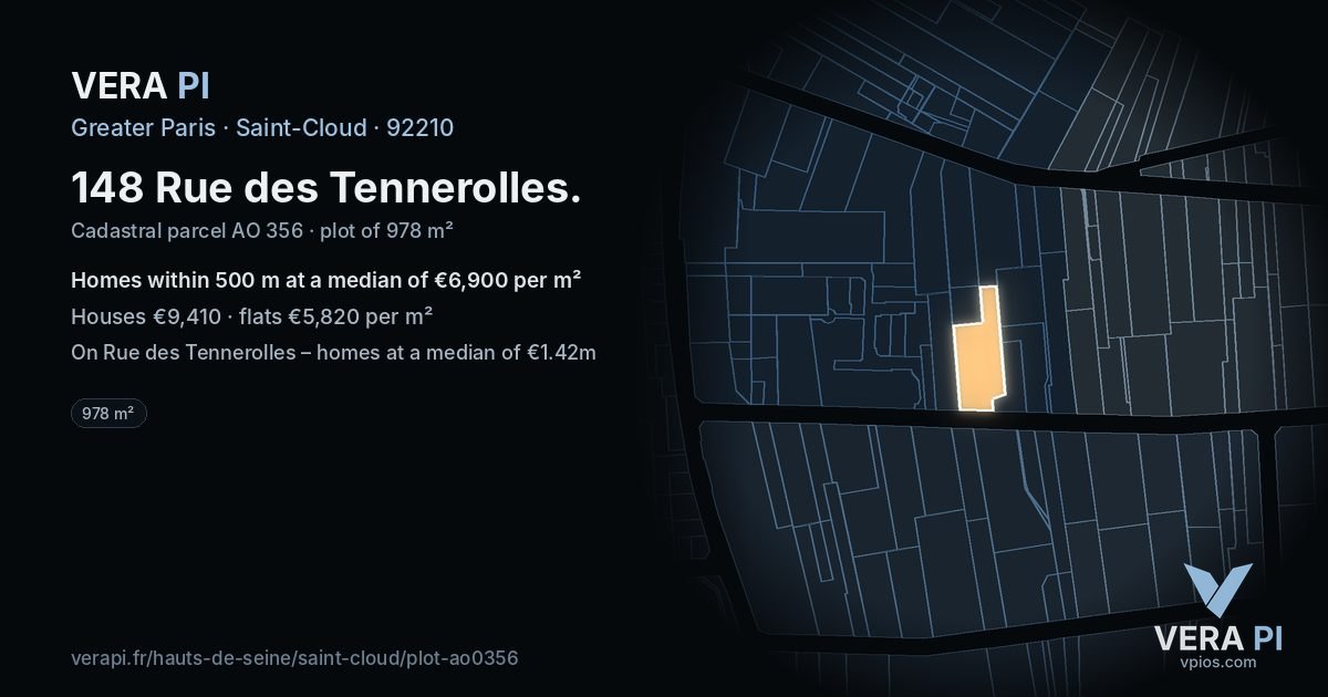 148 Rue des Tennerolles, Saint-Cloud at night – the plot lit, the parcels around coloured by the prices near them